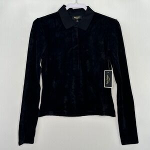 Juicy Couture Black Label Velour Long Sleeve Collar Shirt Medium Black Y2K Style